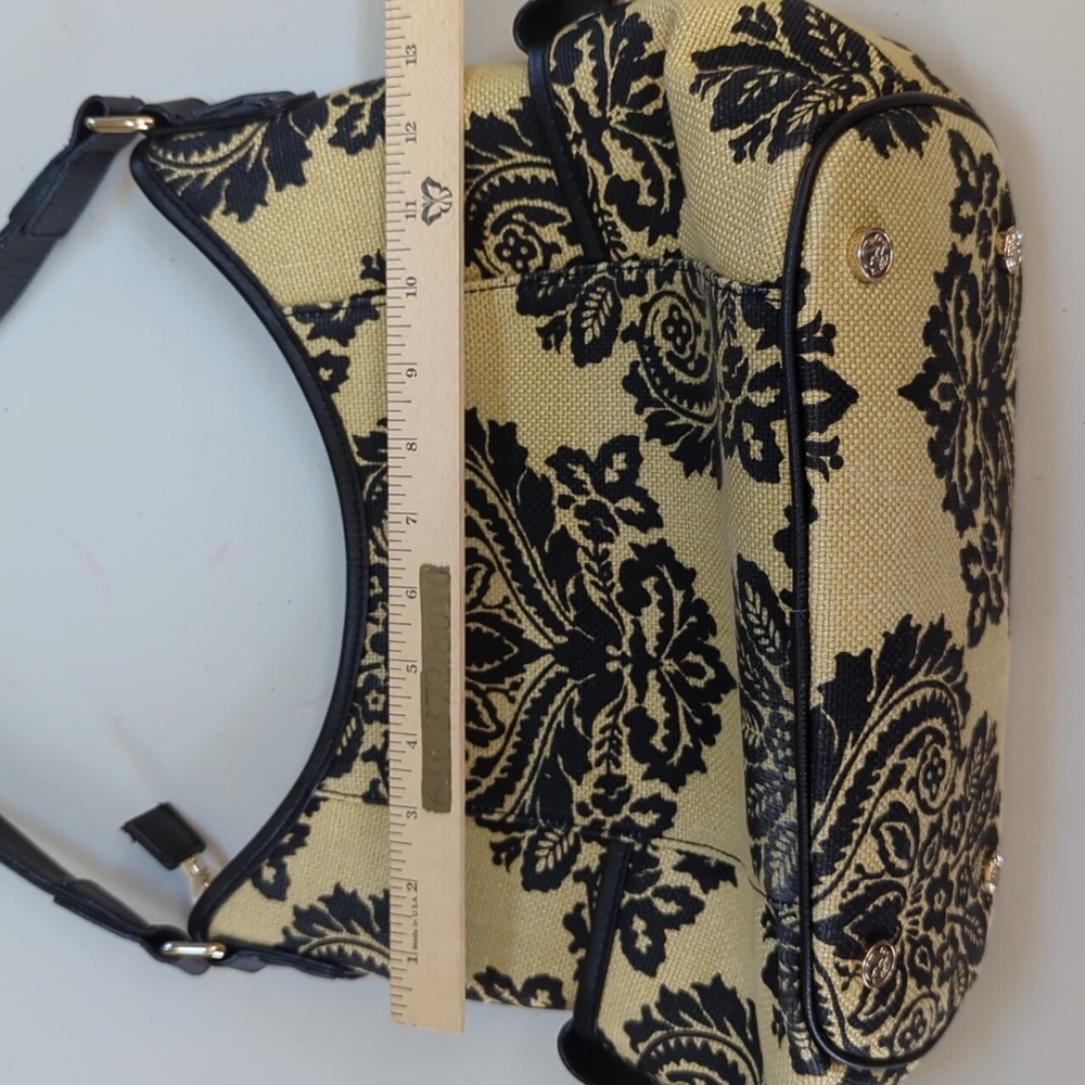 Spartina, Black and tan floral Paisley linen and leather shoulder bag. - Picture 10 of 13